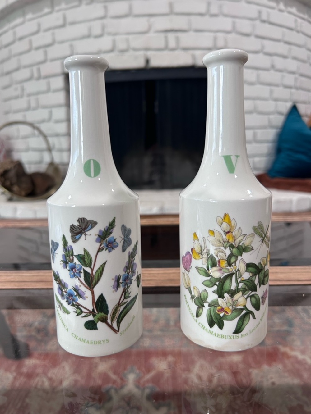 Portmeirion White Porcelain Botanical Oil & Vinegar Bottles with Floral Motifs